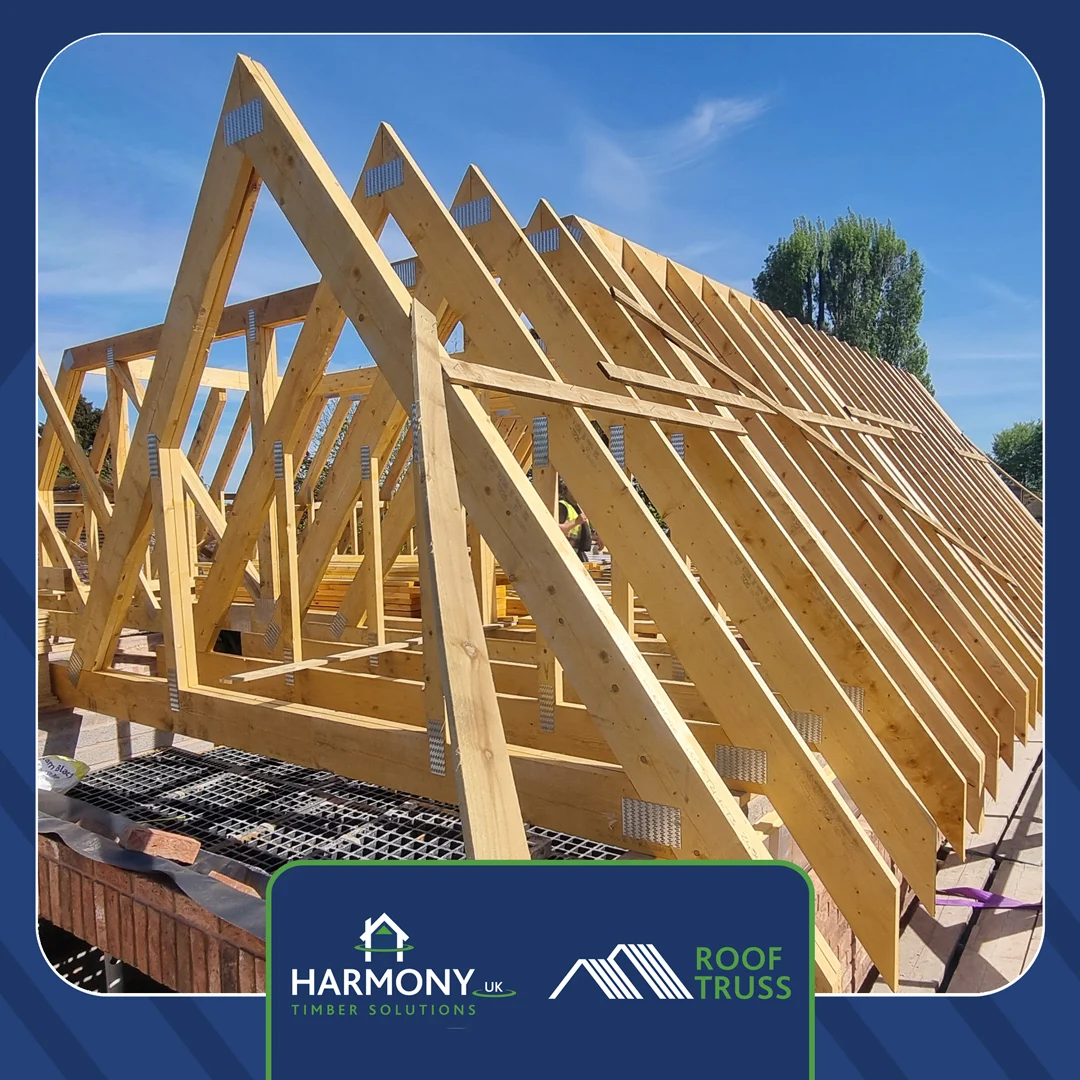 Exposed roof trusses on construction site