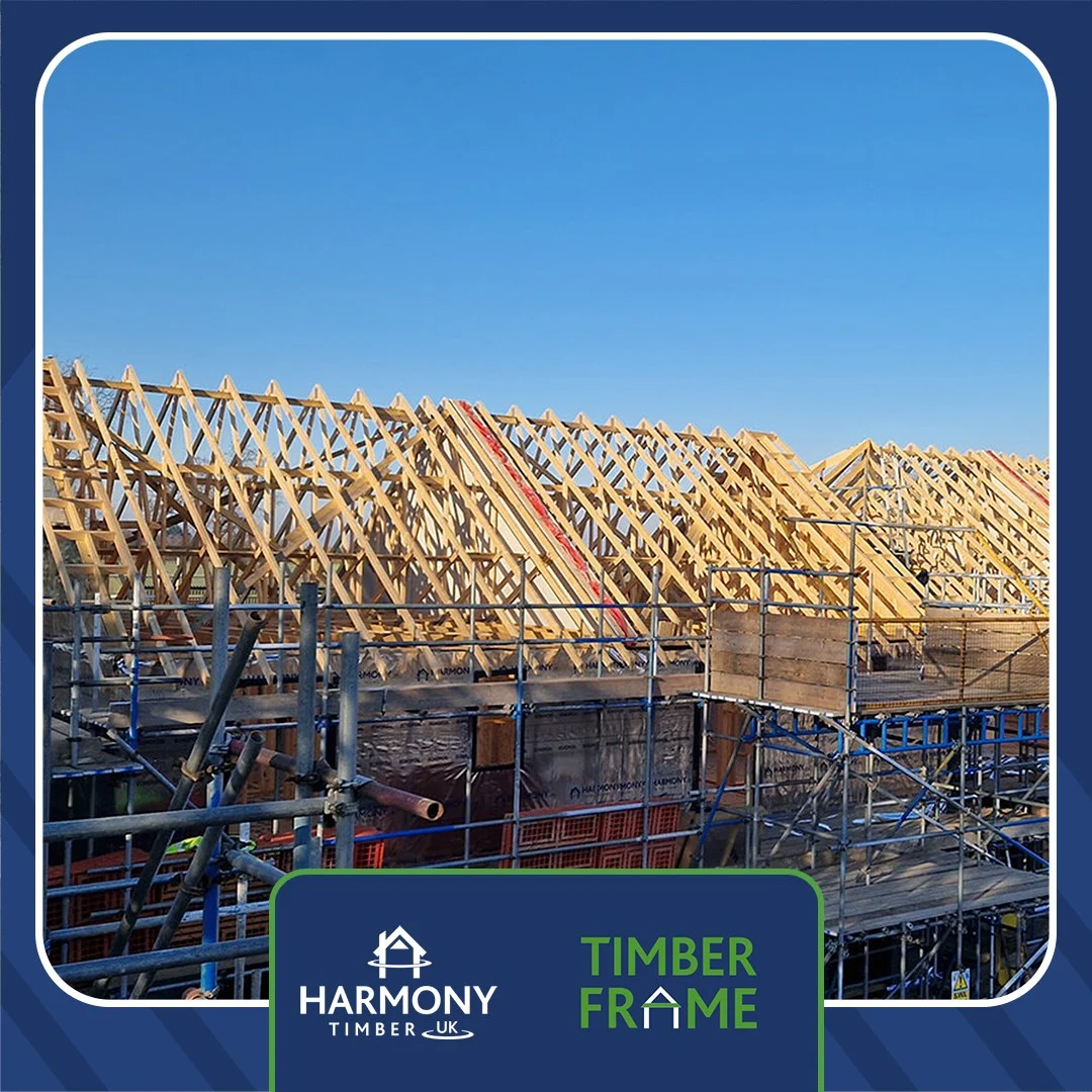 Wooden roof trusses on building site