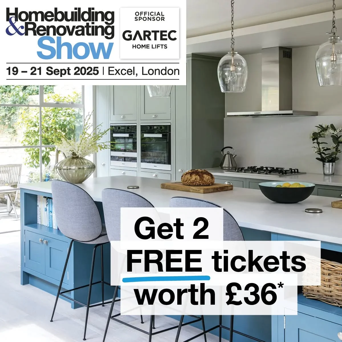 Kitchen with text overlay reading get 2 free tickets worth £36