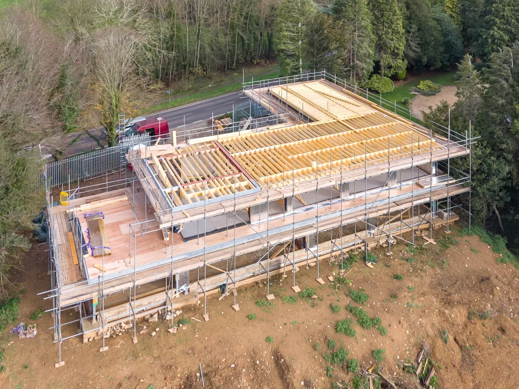 Building under construction with scaffolding surrounding the outside
