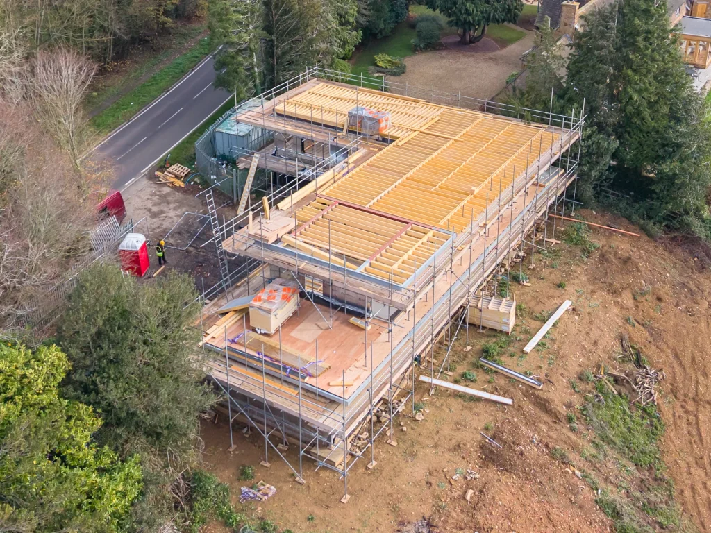 Building under construction with scaffolding surrounding the outside