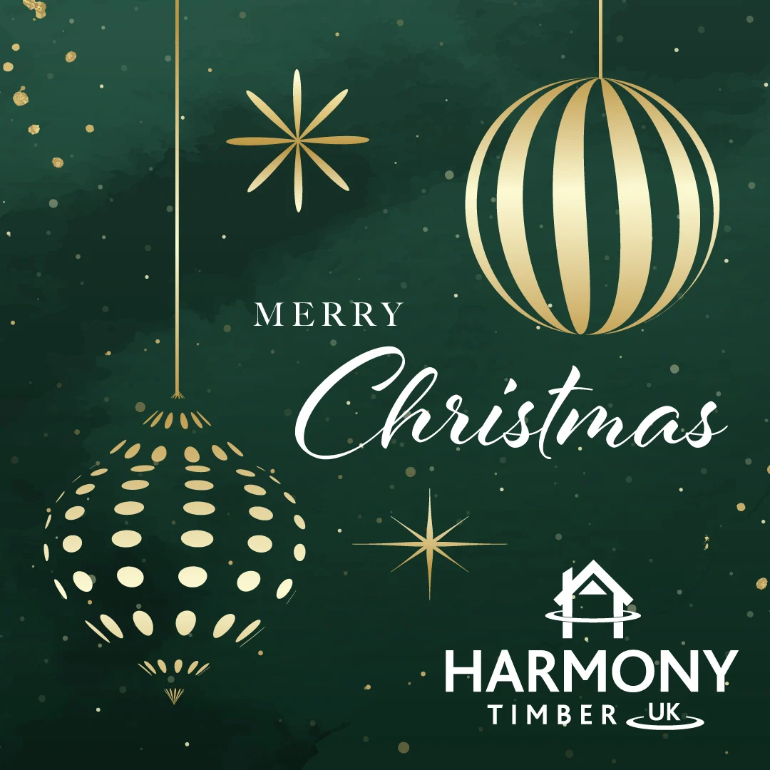 A green christmassy graphic with merry christmas and the Harmony Timber UK logo in the corner.