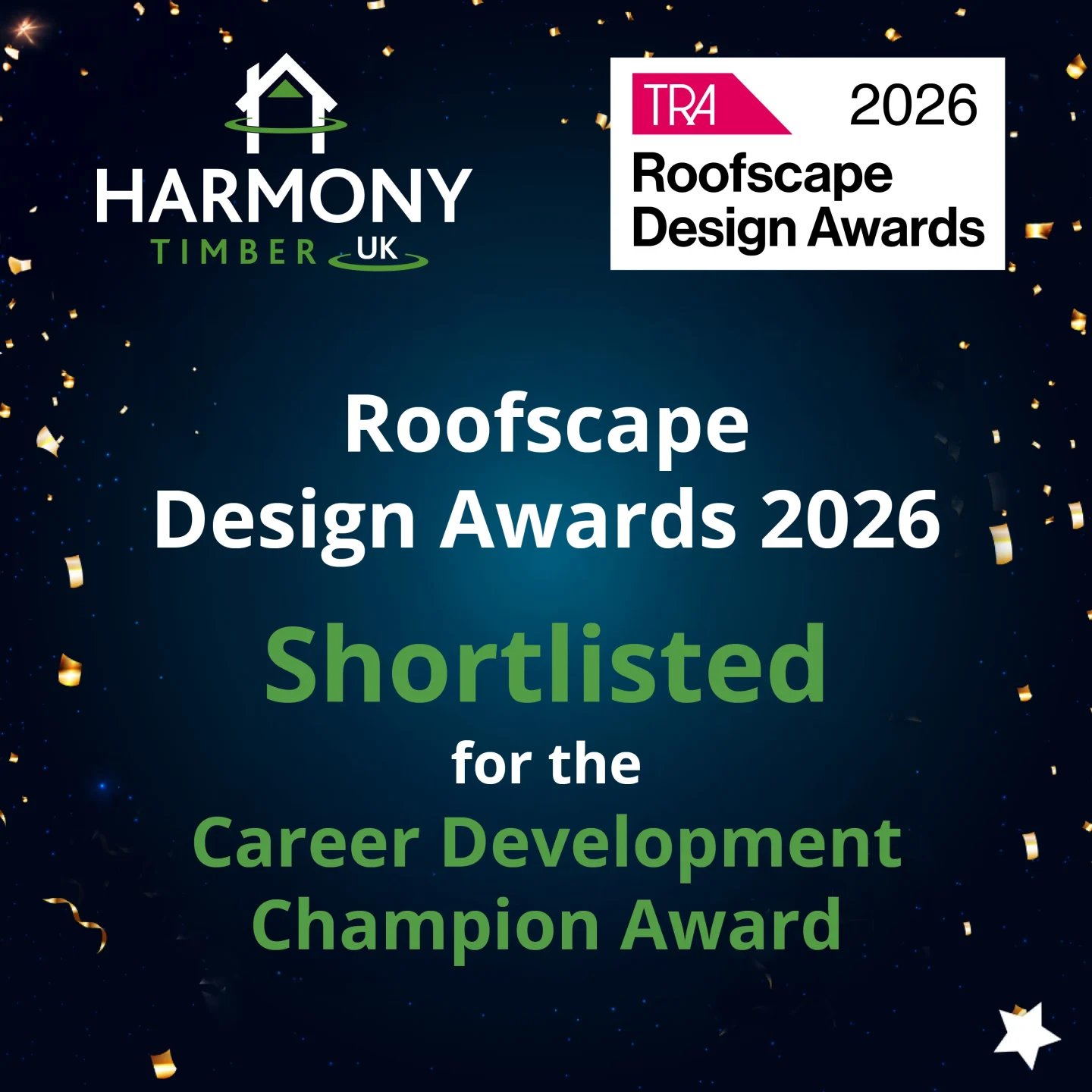 A blue background with text in the middle with information about the shortlist.