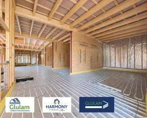 room under construction with glulam and timber frame