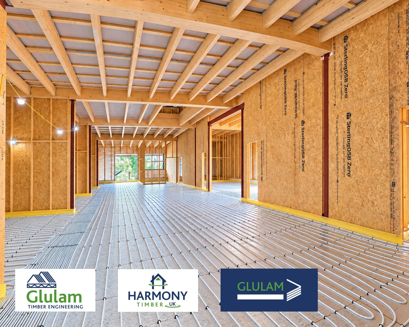 room under construction with glulam and timber frame