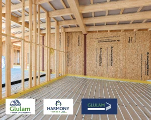 room under construction with glulam and timber frame
